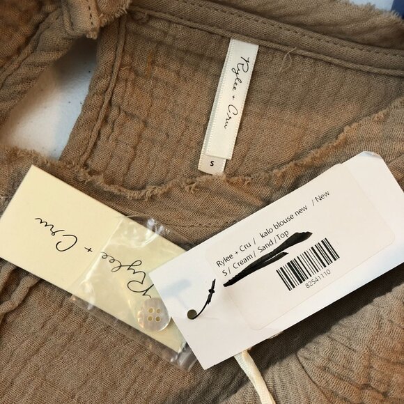 Rylee + Cru Womens Kalo Blouse Top Crinkled Crochet Trim Sand Brown S - Picture 3 of 4